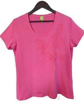 Hot Pink Floral Embellished Cotton Tee Top Adam Jacobs Size Large NWOT